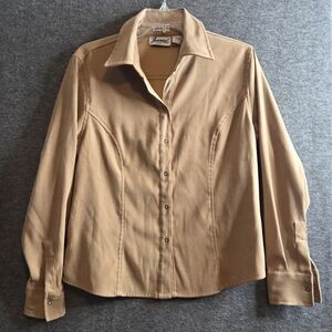 Faux Suede Camel Tan Button Down Shirt Size Small Petite S/P‎